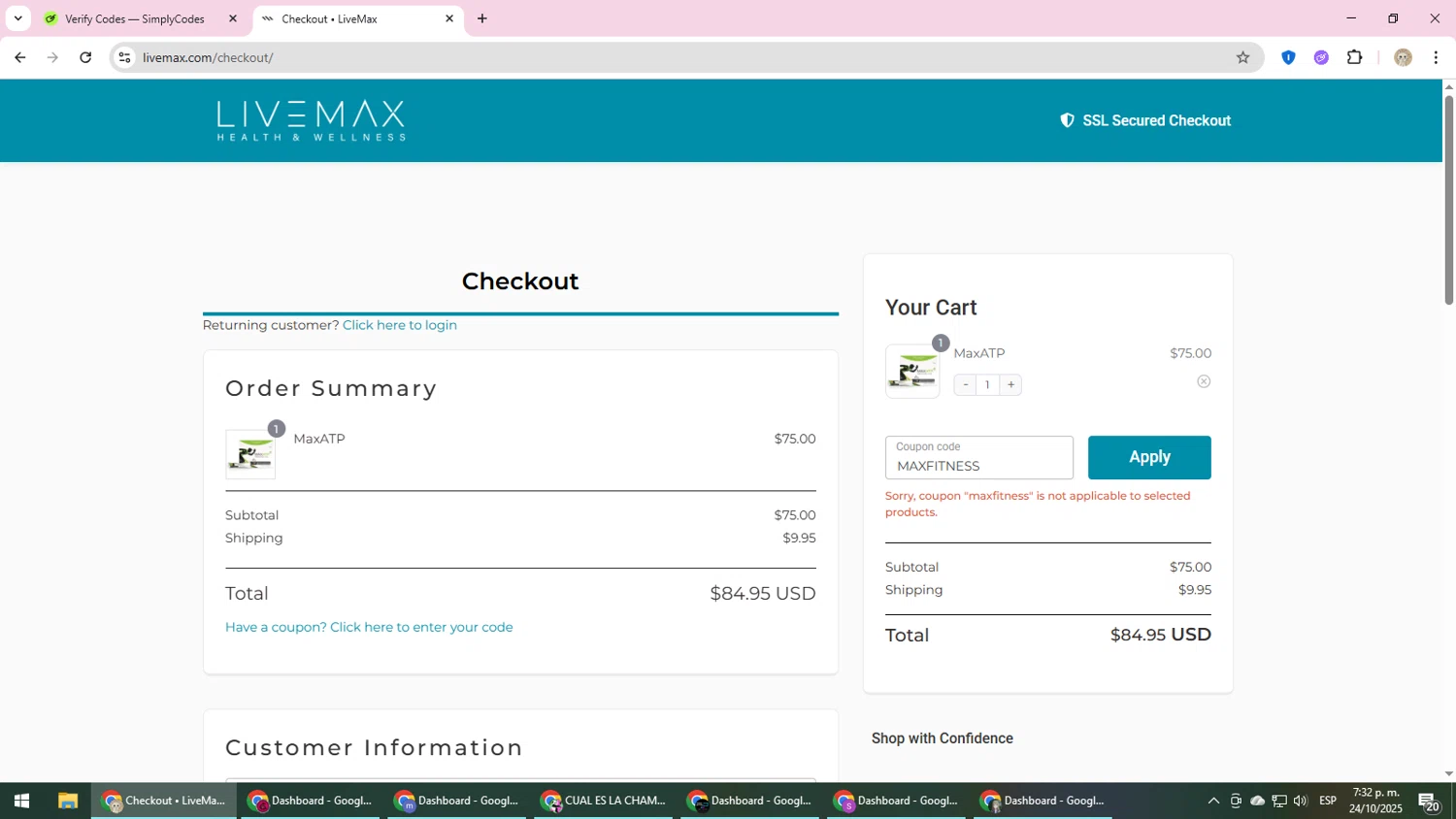 Live Max promo code screenshot showing code MAXFITNESS applied at Live Max checkout page. Uploaded by SimplyCodes community member NobleScholar4826 on Oct 24, 2025