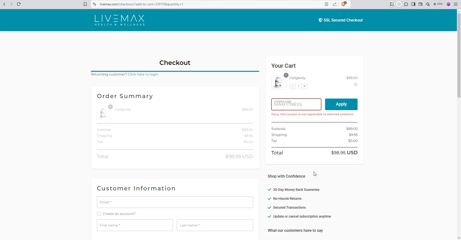Live Max promo code screenshot showing code MAXFITNESS applied at Live Max checkout page. Uploaded by SimplyCodes community member Nezukooo on Jan 9, 2025