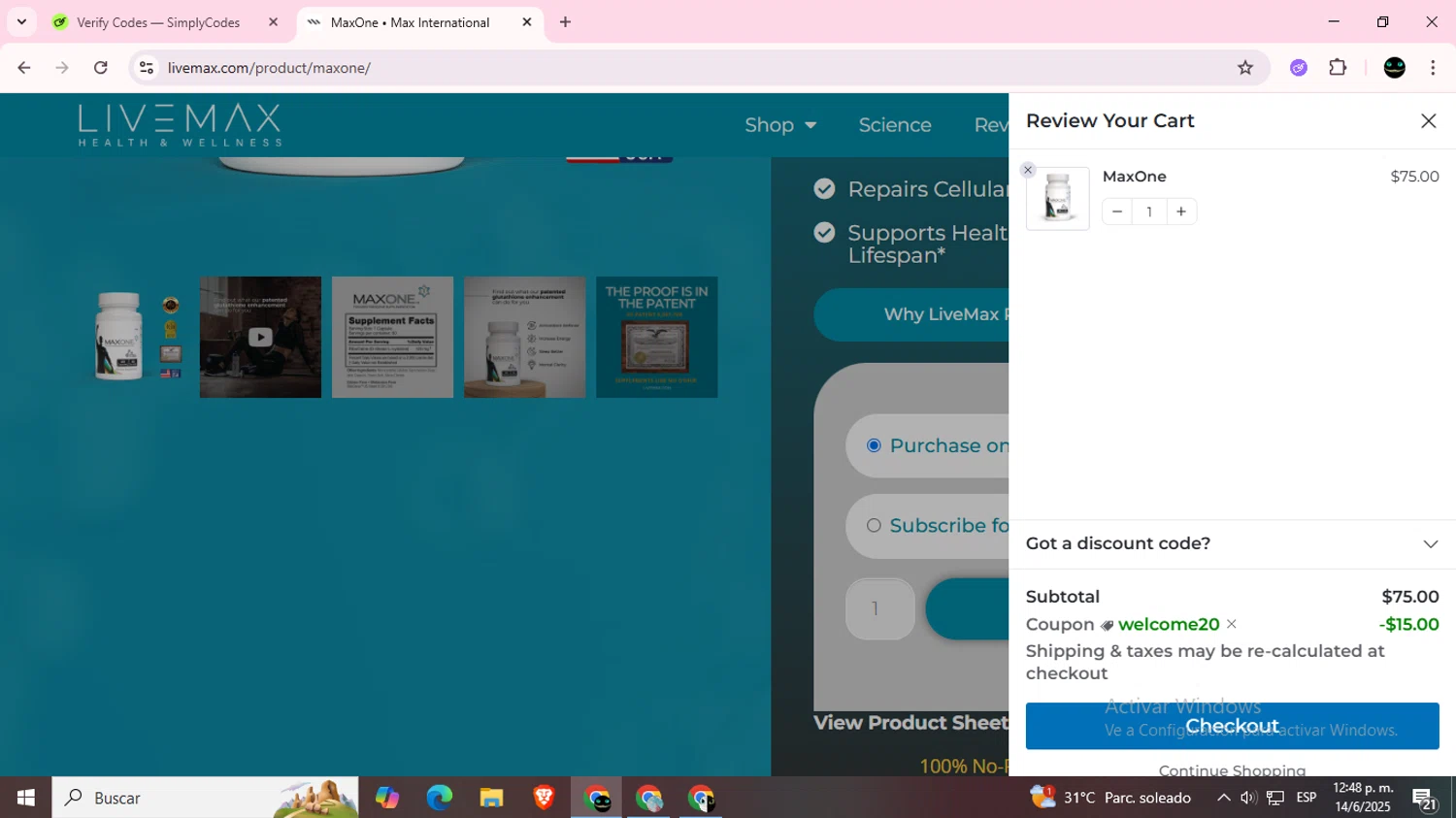 Live Max checkout page showing Live Max promo code box | Screenshot taken by SimplyCodes community member on Jun 14, 2025