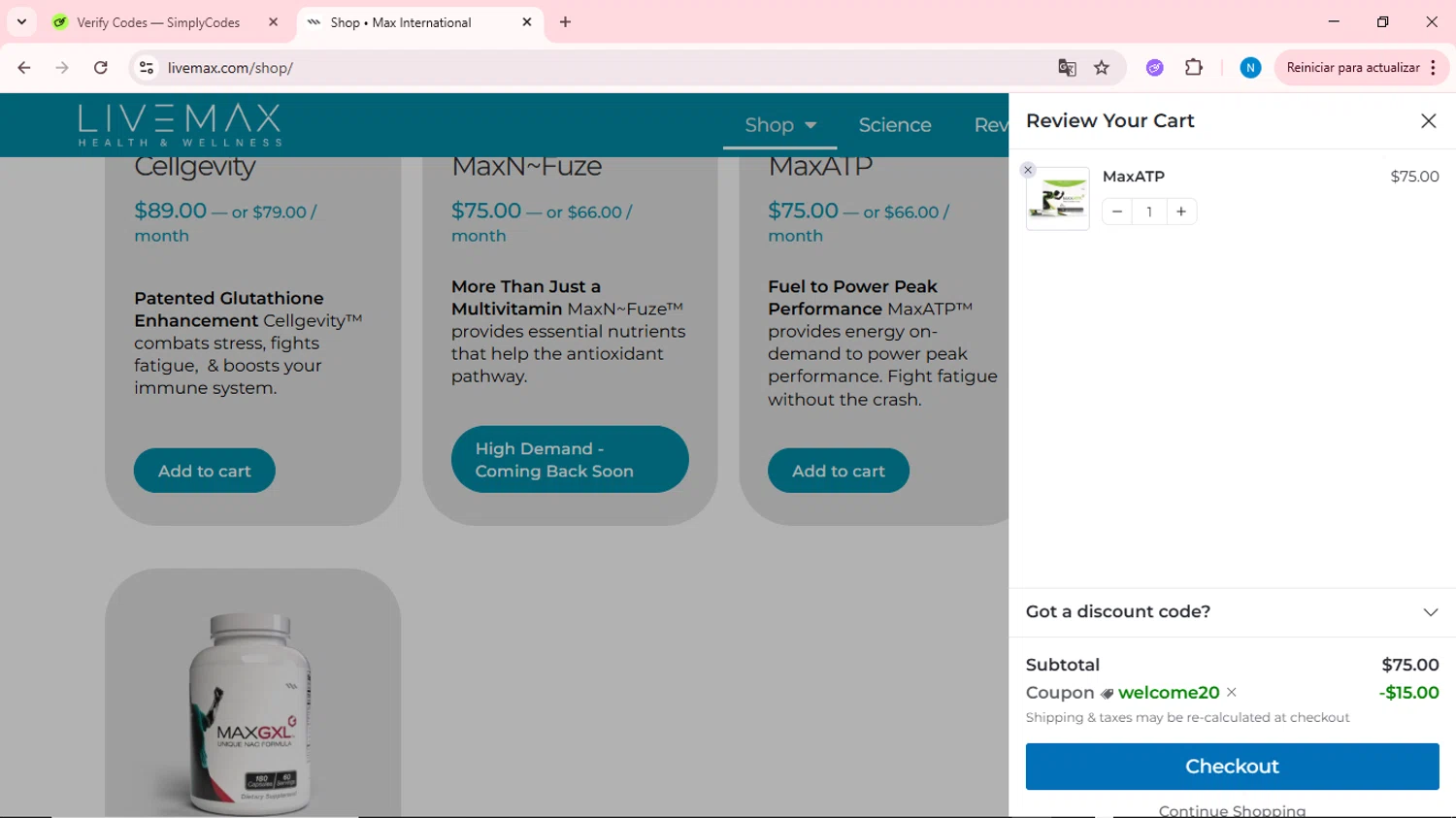 Live Max checkout page showing Live Max promo code box | Screenshot taken by SimplyCodes community member on Jun 14, 2025