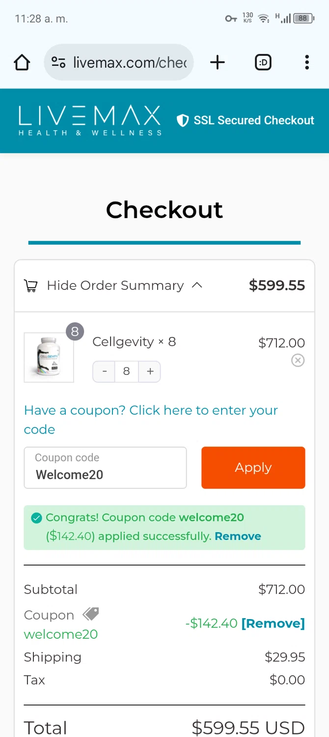 Live Max checkout page showing Live Max promo code box | Screenshot taken by SimplyCodes community member on Jun 7, 2025