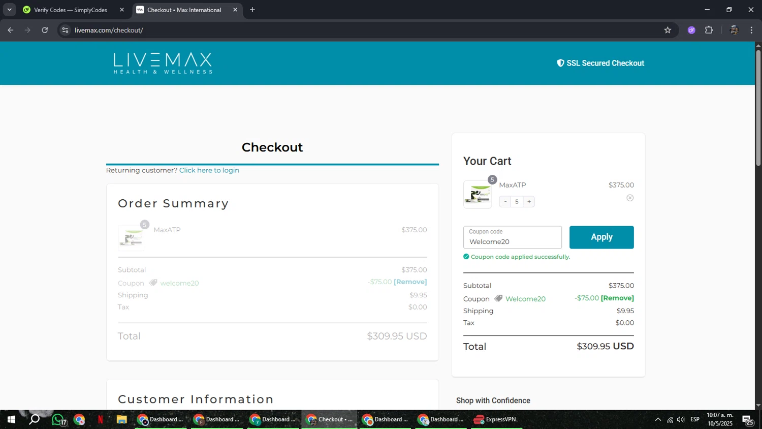 Live Max checkout page showing Live Max promo code box | Screenshot taken by SimplyCodes community member on May 10, 2025