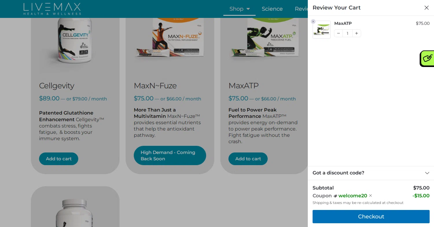 Live Max promo code screenshot showing code Welcome20 applied at Live Max checkout page. Uploaded by SimplyCodes community member yeresojperez on Jun 21, 2025