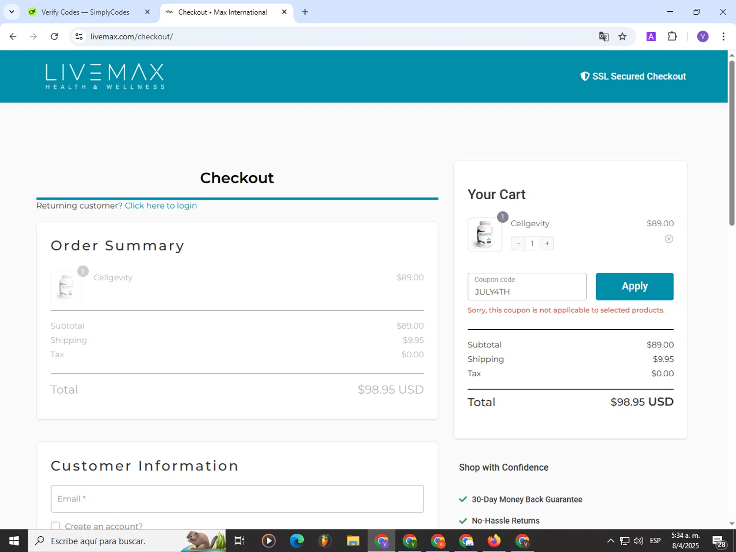 Live Max promo code screenshot showing code JULY4TH applied at Live Max checkout page. Uploaded by SimplyCodes community member Satoru_gojo on Apr 8, 2025