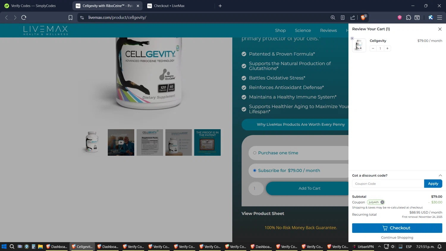 Live Max promo code screenshot showing code JULY4TH applied at Live Max checkout page. Uploaded by SimplyCodes community member verifier_983798000 on Oct 24, 2025
