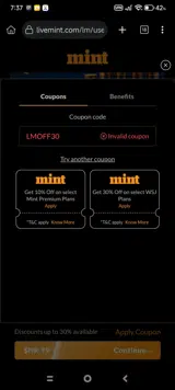 Livemint coupon verification screenshot