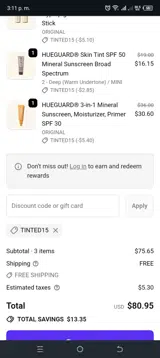 TINTED15 coupon verification screenshot