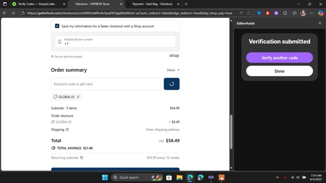 LivFresh checkout page showing LivFresh discount code box | Screenshot taken by SimplyCodes community member on Sep 4, 2025