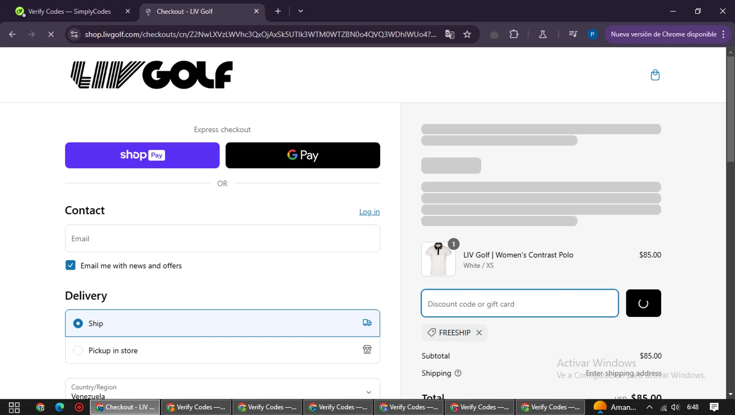 LIV Golf promo code screenshot showing code FREESHIP applied at LIV Golf checkout page. Uploaded by SimplyCodes community member QuestExpert3096 on Mar 8, 2025