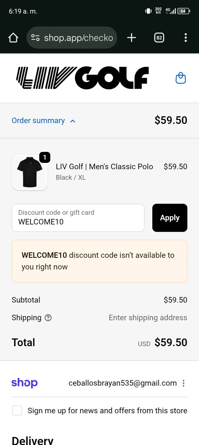 LIV Golf promo code screenshot showing code WELCOME10 applied at LIV Golf checkout page. Uploaded by SimplyCodes community member Bernado on Sep 19, 2025