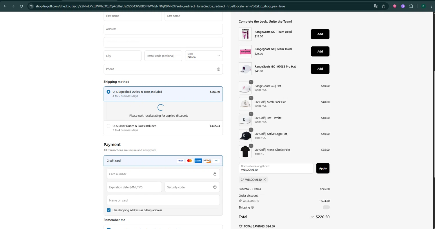LIV Golf promo code screenshot showing code WELCOME10 applied at LIV Golf checkout page. Uploaded by SimplyCodes community member SavvyHawk5598 on Jun 17, 2025