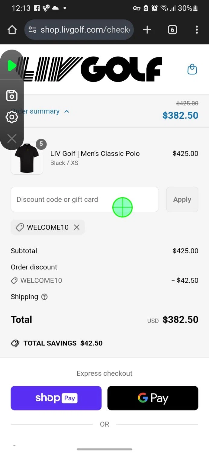 LIV Golf promo code screenshot showing code WELCOME10 applied at LIV Golf checkout page. Uploaded by SimplyCodes community member miguelcrast on Apr 29, 2025