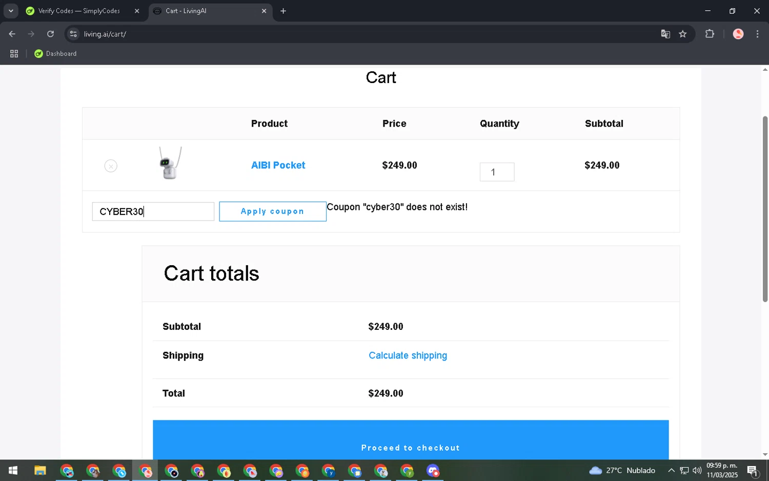 LivingAI promo code screenshot showing code CYBER30 applied at LivingAI checkout page. Uploaded by SimplyCodes community member QuestSentinel9392 on Mar 12, 2025