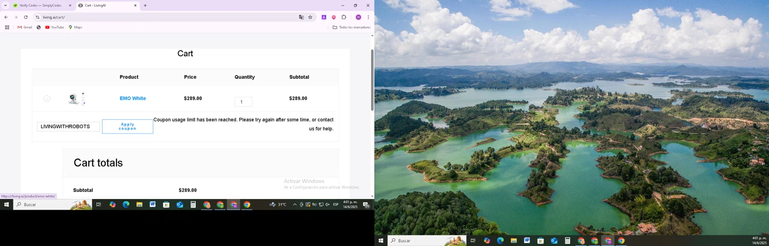 LivingAI promo code screenshot showing code LIVINGWITHROBOTS applied at LivingAI checkout page. Uploaded by SimplyCodes community member BudgetMonarch8952 on Jun 14, 2025