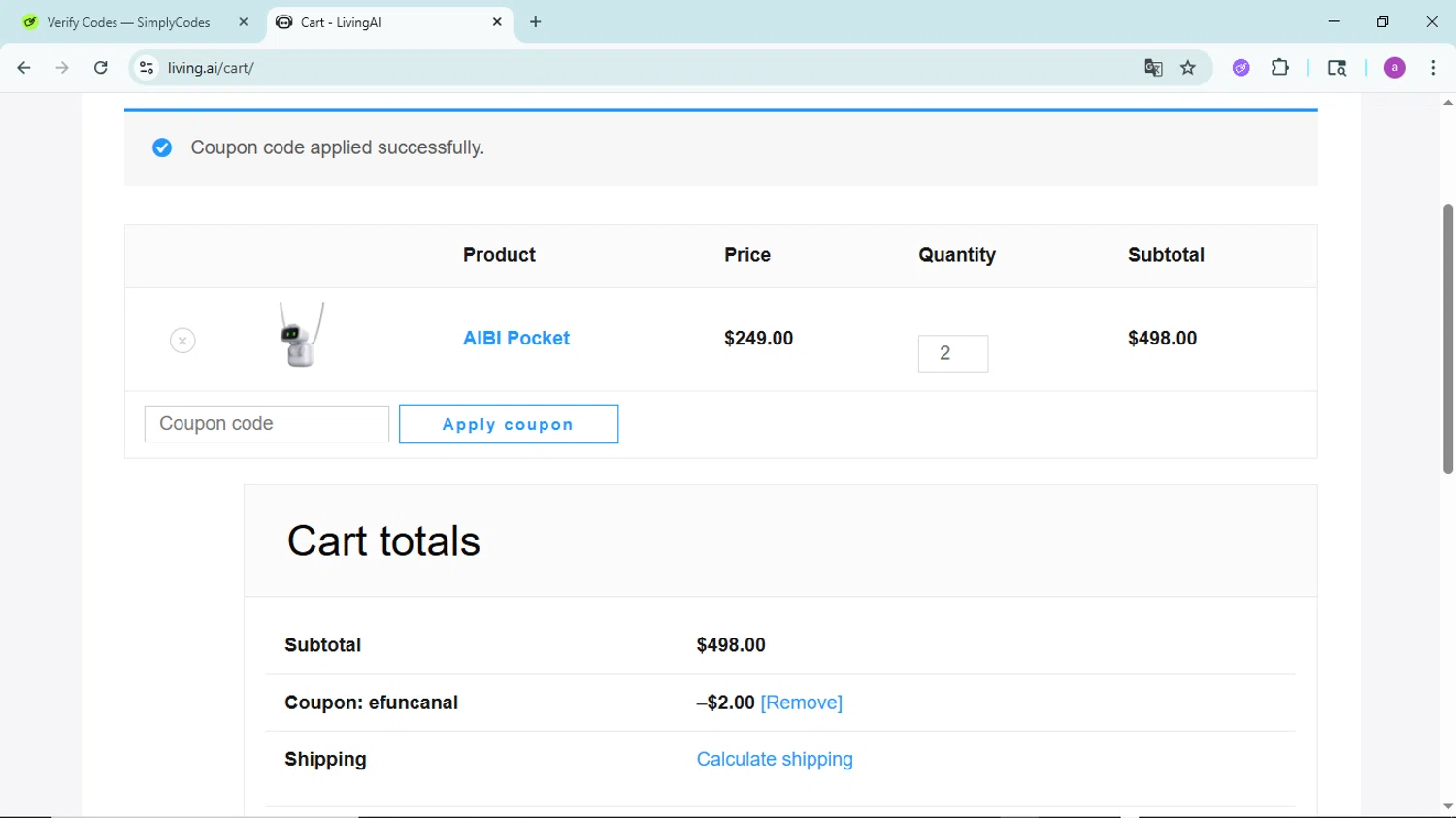 LivingAI promo code screenshot showing code EFUNCANAL applied at LivingAI checkout page. Uploaded by SimplyCodes community member PennyBoss9589 on Jun 22, 2025