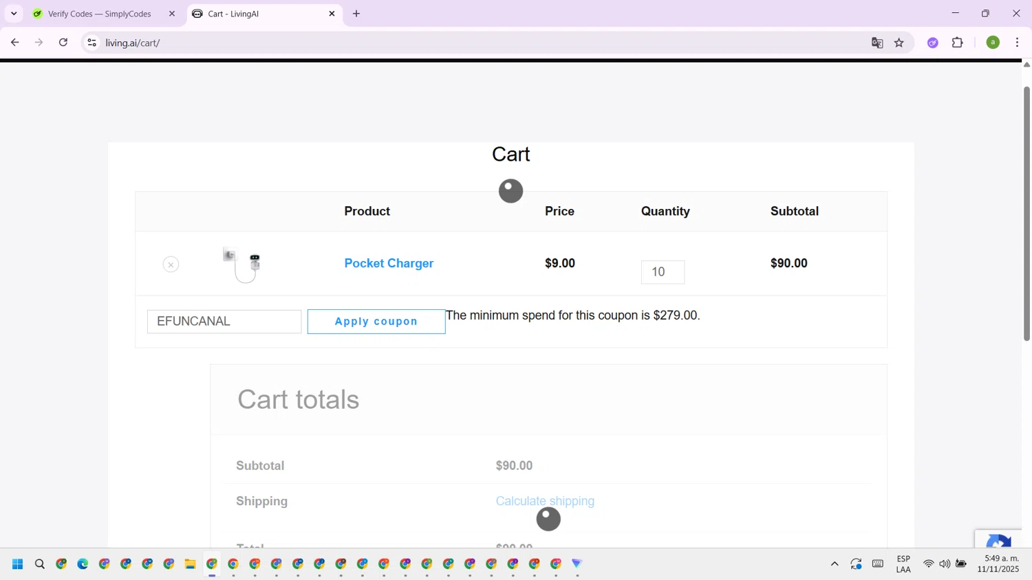 LivingAI promo code screenshot showing code EFUNCANAL applied at LivingAI checkout page. Uploaded by SimplyCodes community member SavingsHero9122 on Nov 11, 2025