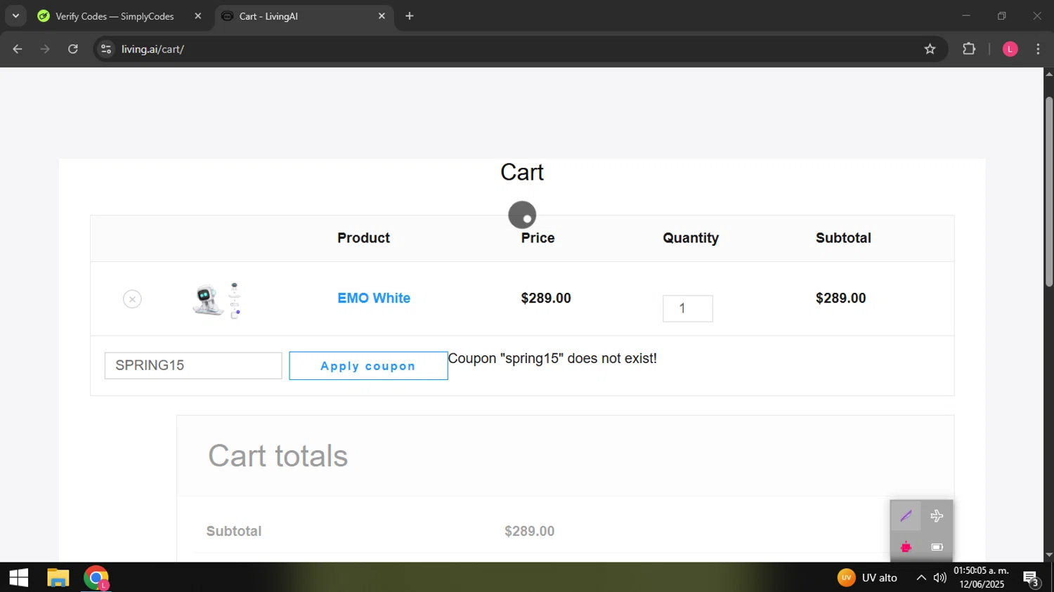 LivingAI promo code screenshot showing code SPRING15 applied at LivingAI checkout page. Uploaded by SimplyCodes community member coder_916642691 on Jun 12, 2025