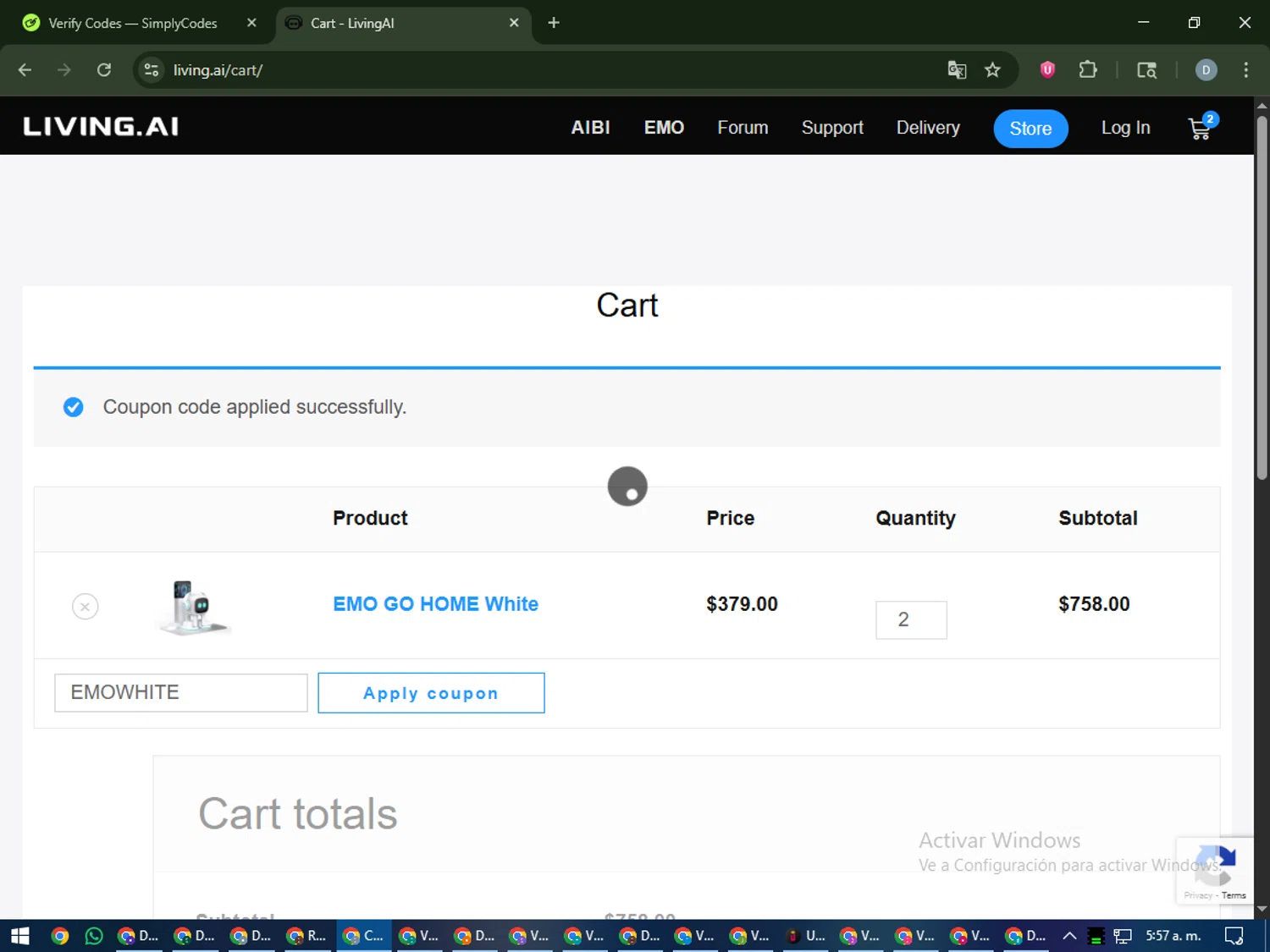 LivingAI promo code screenshot showing code EMOWHITE applied at LivingAI checkout page. Uploaded by SimplyCodes community member CleverCurator2558 on Nov 11, 2025