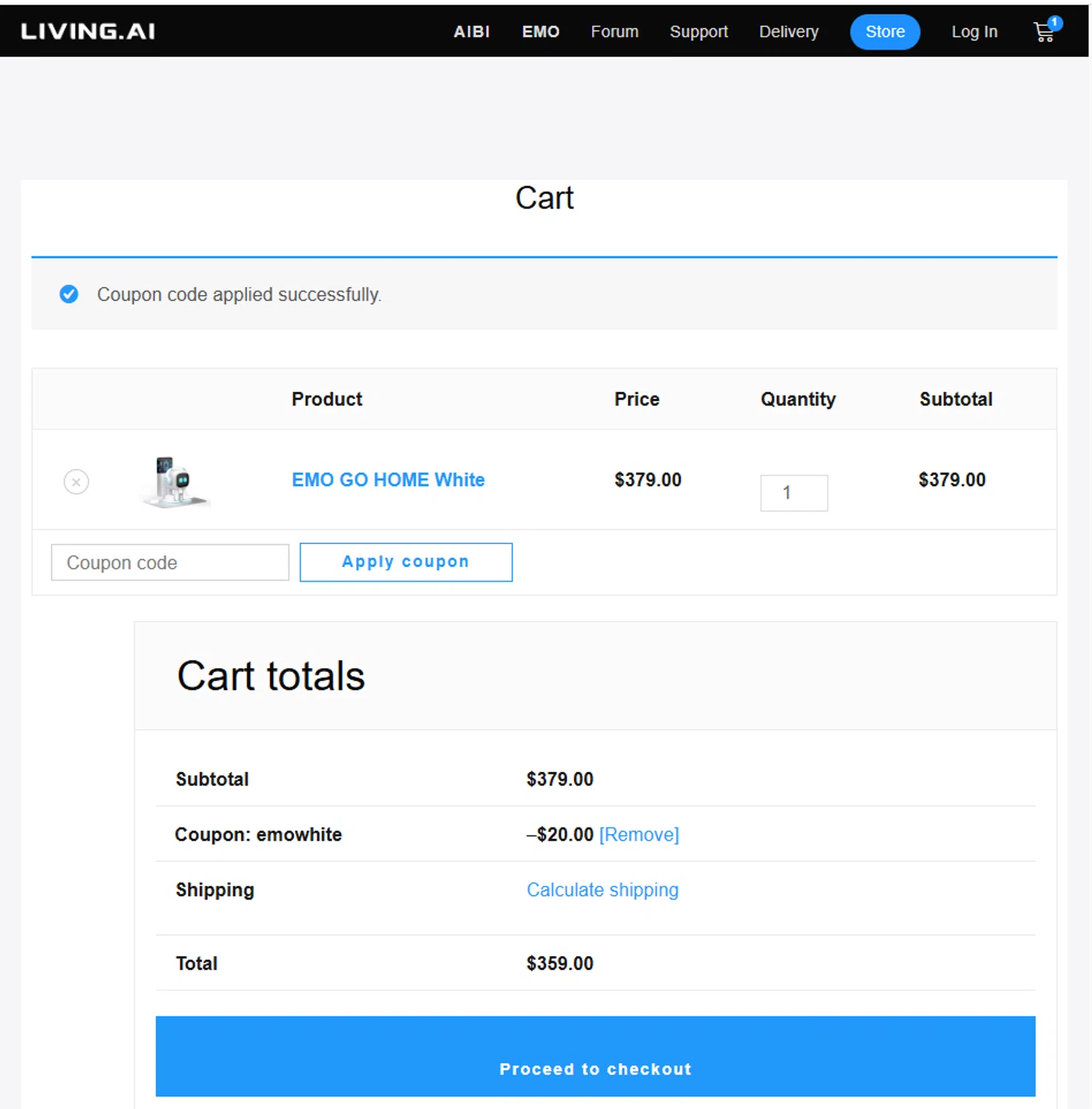 LivingAI promo code screenshot showing code EMOWHITE applied at LivingAI checkout page. Uploaded by SimplyCodes community member La_Cara_Mia on Sep 26, 2025