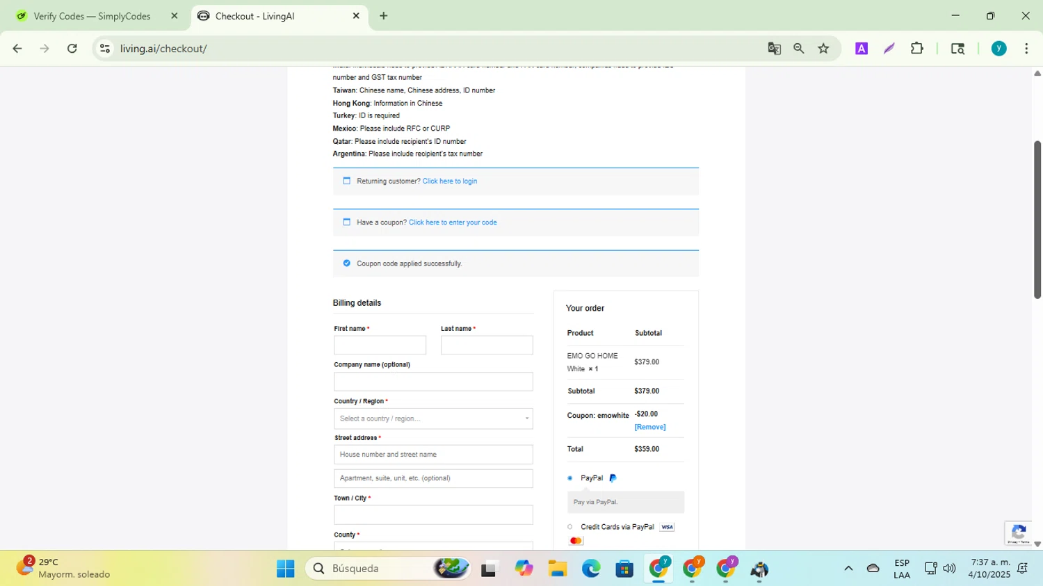 LivingAI promo code screenshot showing code EMOWHITE applied at LivingAI checkout page. Uploaded by SimplyCodes community member yadiracg074 on Oct 4, 2025
