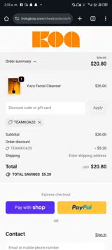 TEAMKOA20 coupon verification screenshot