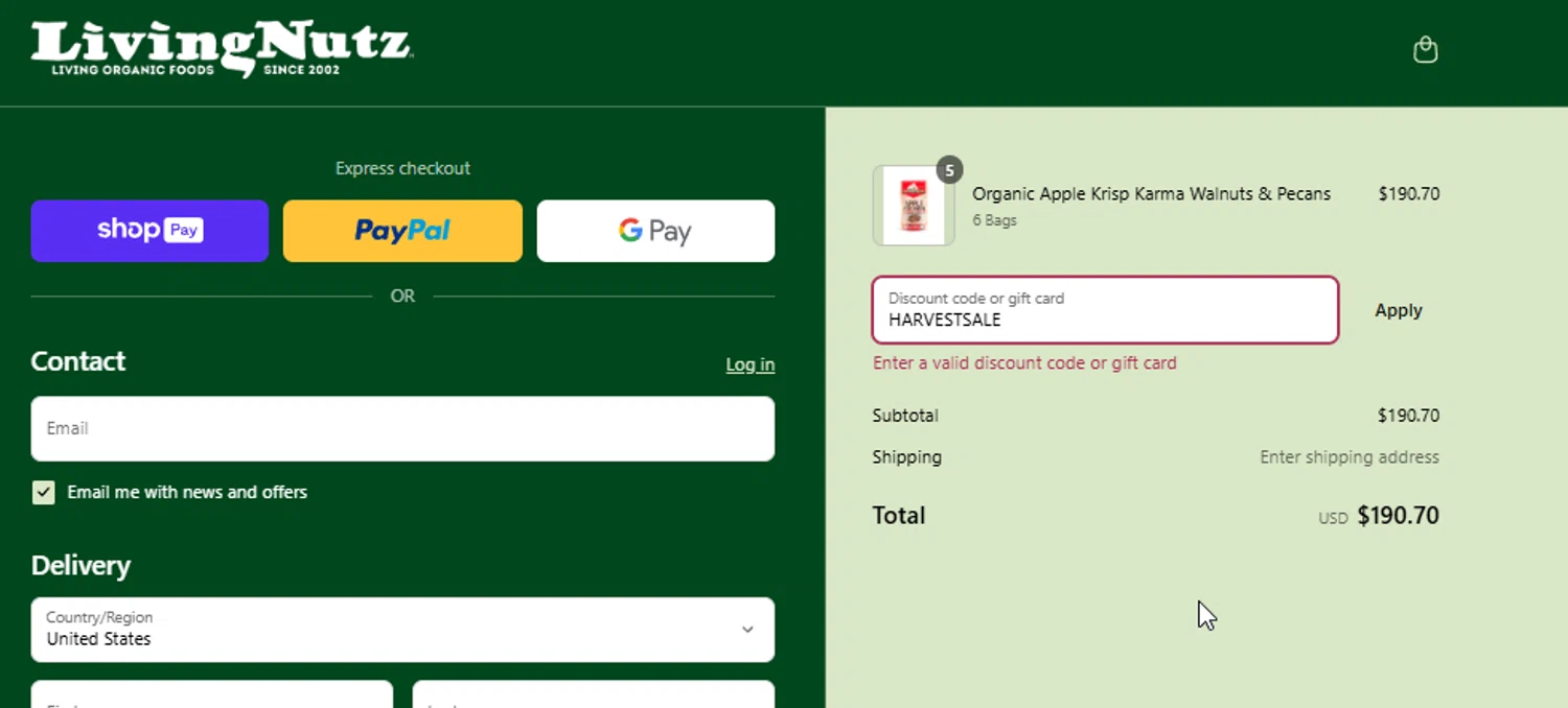 Living Nutz discount code screenshot showing code HARVESTSALE applied at Living Nutz checkout page. Uploaded by SimplyCodes community member LuckyPioneer1027 on Mar 20, 2025
