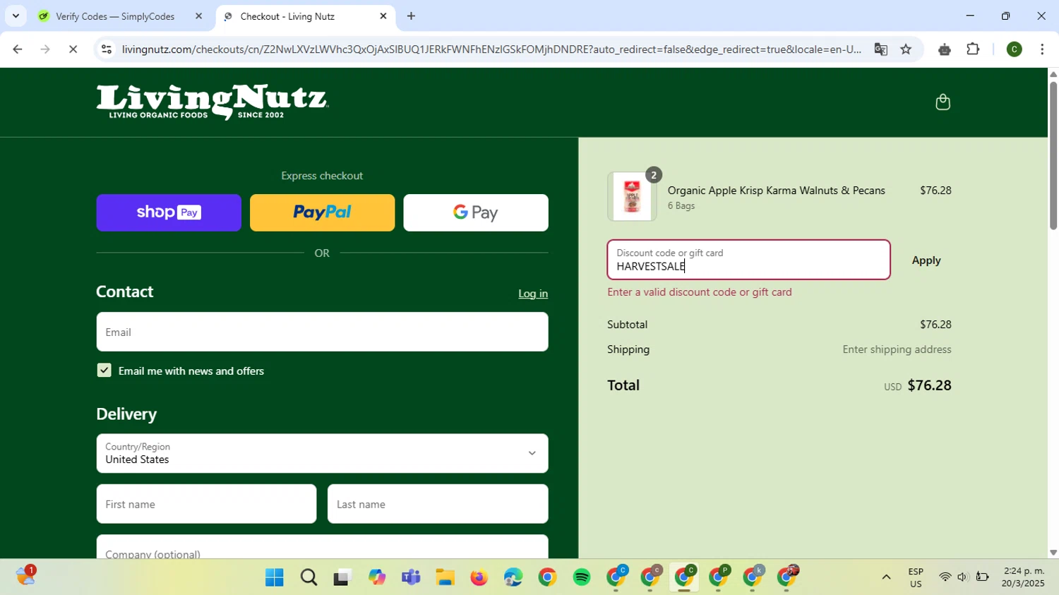 Living Nutz discount code screenshot showing code HARVESTSALE applied at Living Nutz checkout page. Uploaded by SimplyCodes community member VoucherBoss6971 on Mar 20, 2025