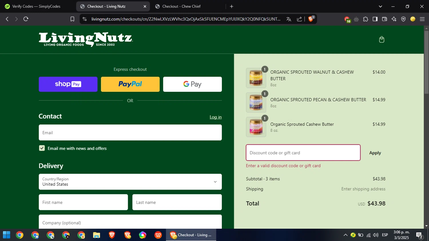 Living Nutz discount code screenshot showing code HOLIDAY applied at Living Nutz checkout page. Uploaded by SimplyCodes community member Chinito0209 on Mar 3, 2025