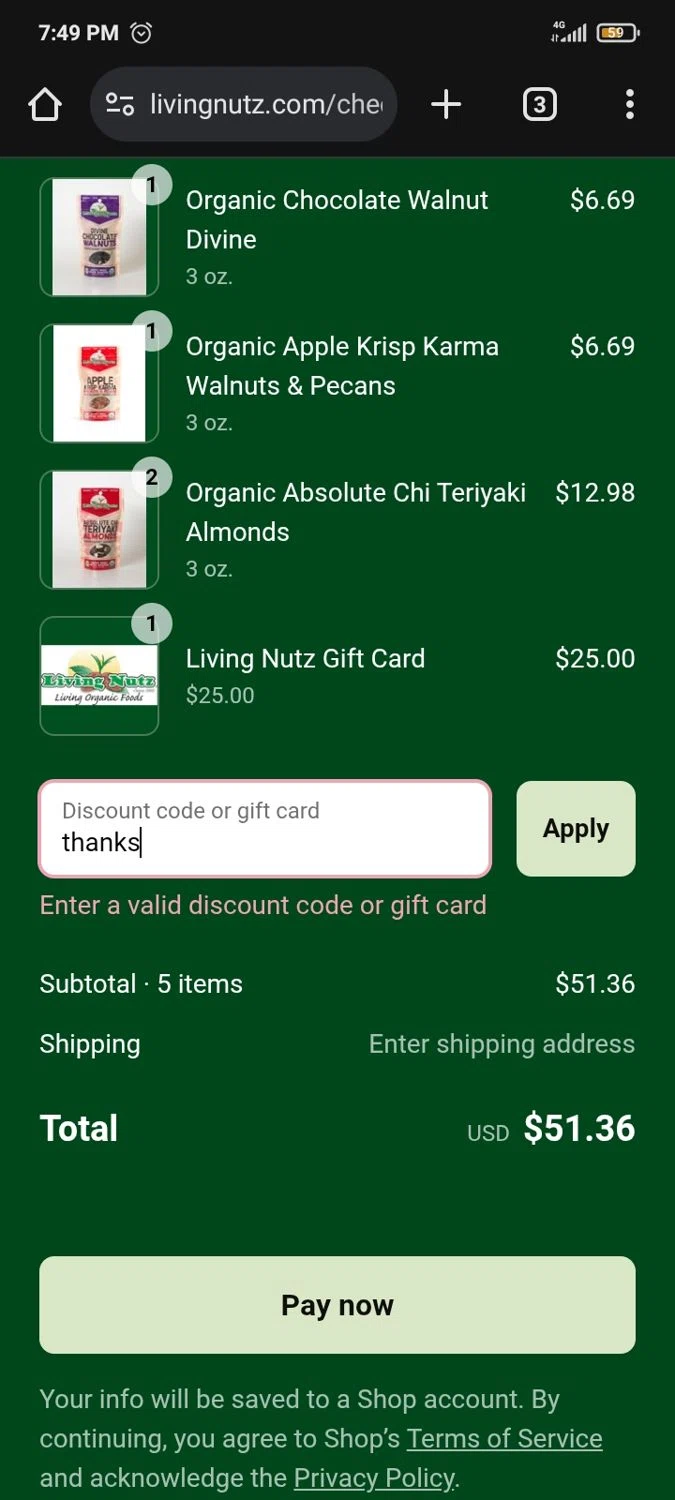 Living Nutz discount code screenshot showing code thanks applied at Living Nutz checkout page. Uploaded by SimplyCodes community member MiguelI on May 17, 2025