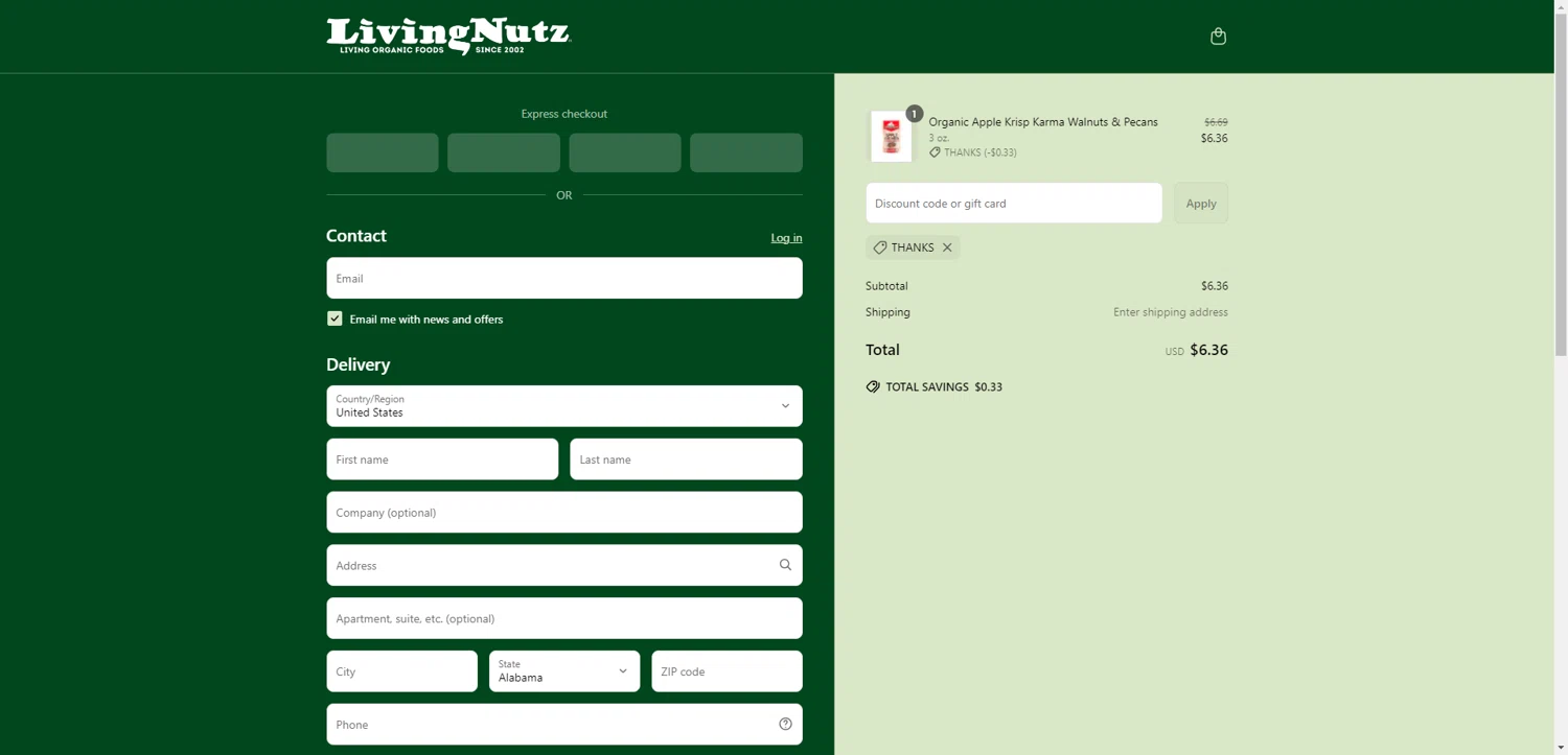 Living Nutz checkout page showing Living Nutz discount code box | Screenshot taken by SimplyCodes community member on May 6, 2025