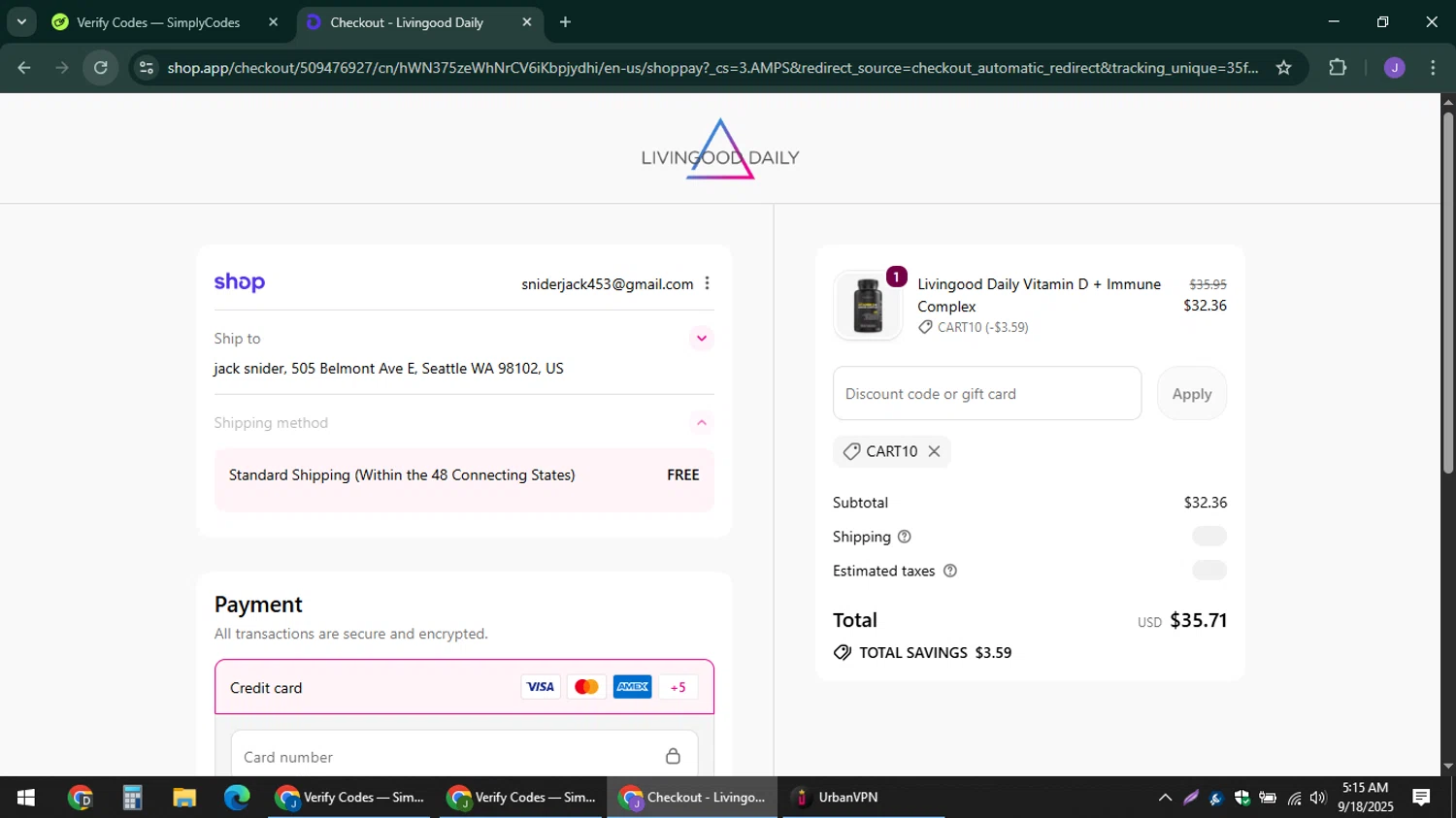 Livingood Daily discount code screenshot showing code CART10 applied at Livingood Daily checkout page. Uploaded by SimplyCodes community member sniderjack453 on Sep 18, 2025