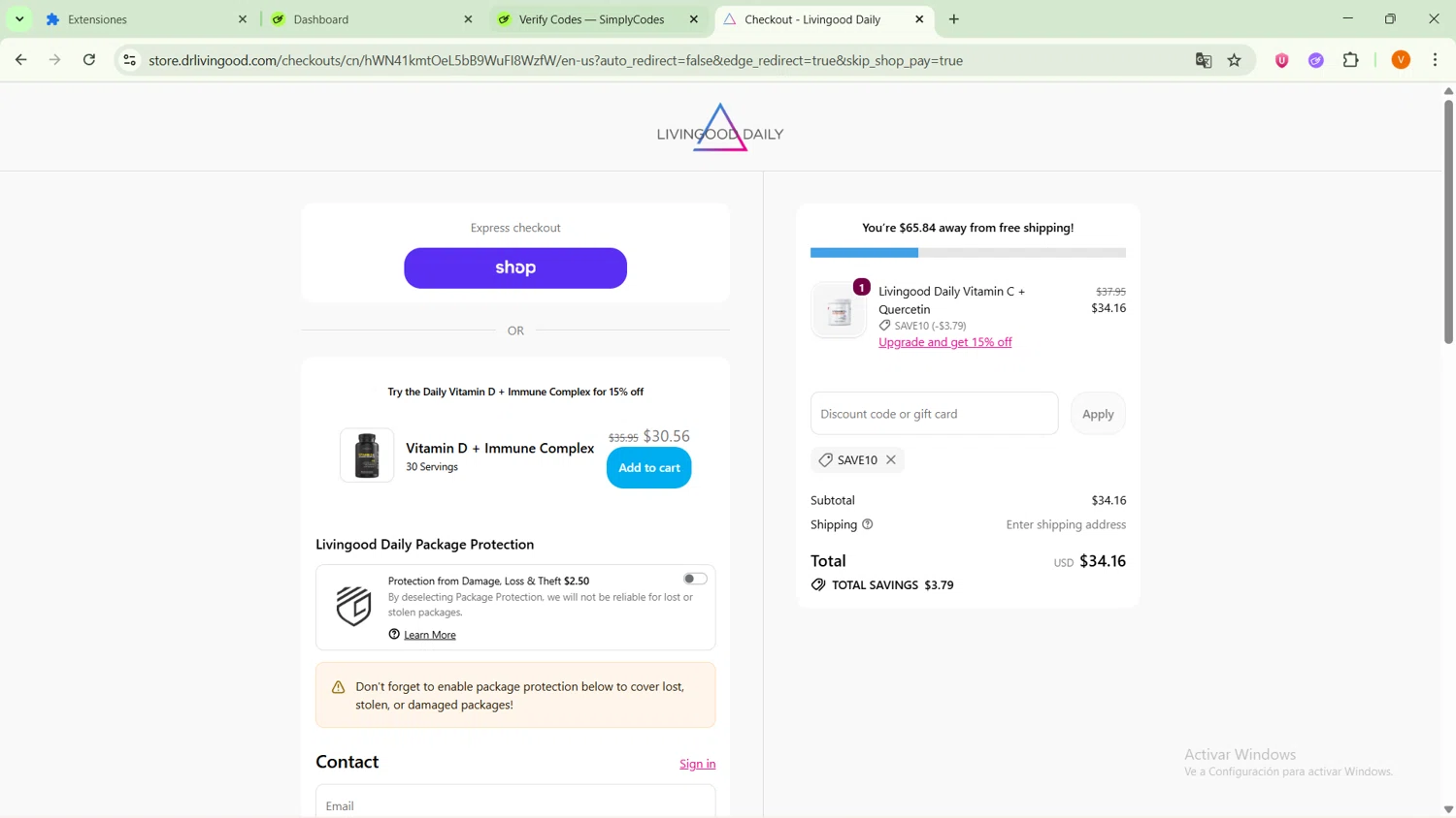 Livingood Daily discount code screenshot showing code SAVE10 applied at Livingood Daily checkout page. Uploaded by SimplyCodes community member RebateSaver5991 on Oct 12, 2025