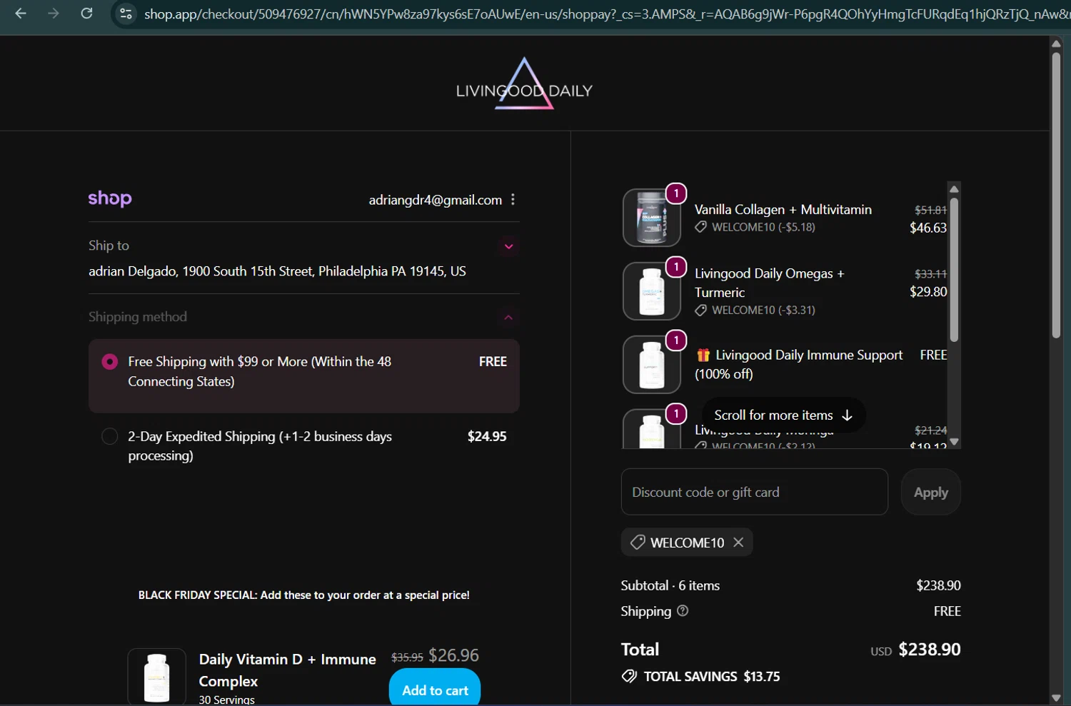Livingood Daily discount code screenshot showing code WELCOME10 applied at Livingood Daily checkout page. Uploaded by SimplyCodes community member AGDR28 on Nov 21, 2025