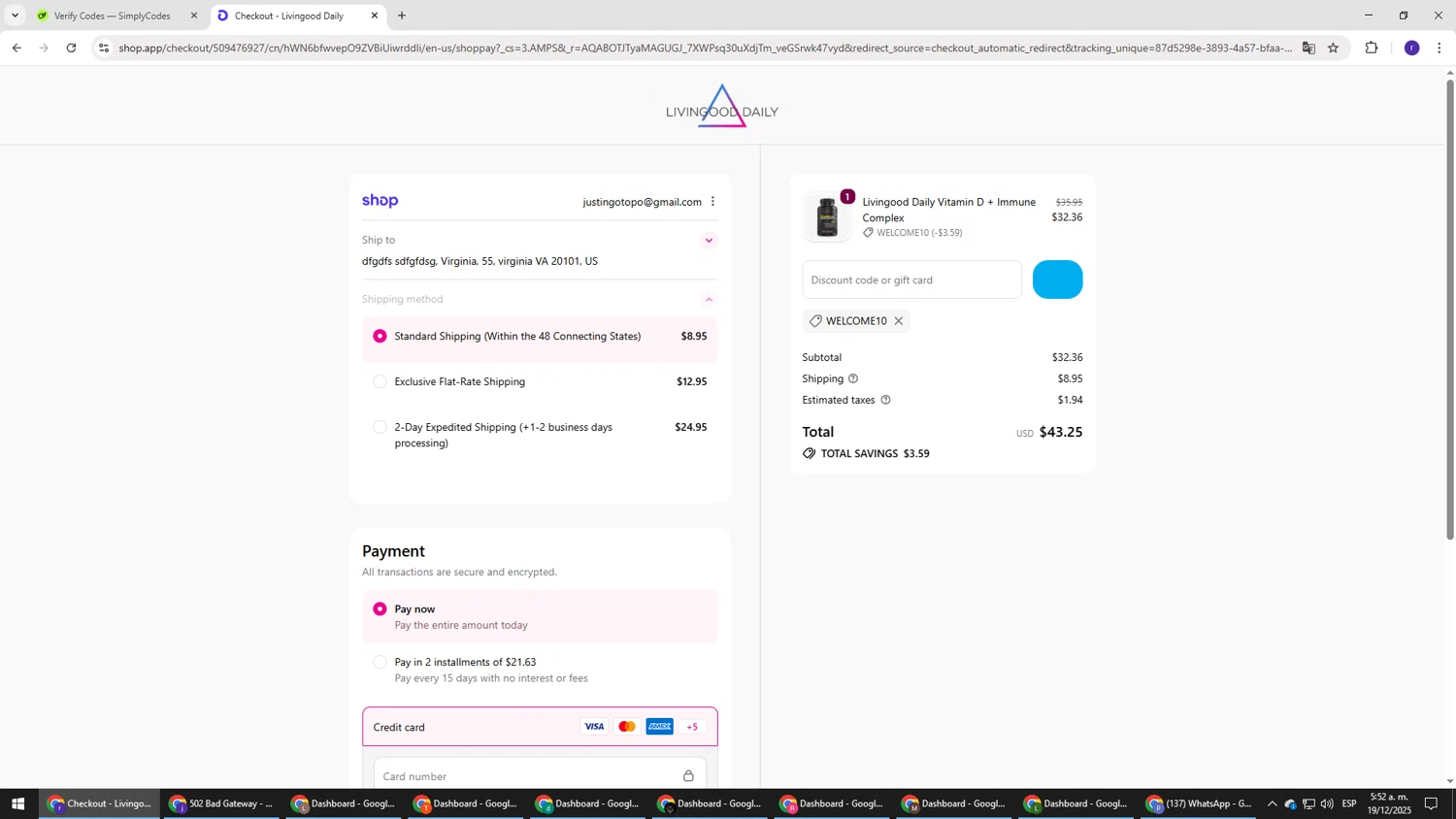 Livingood Daily discount code screenshot showing code WELCOME10 applied at Livingood Daily checkout page. Uploaded by SimplyCodes community member AberthGotopo on Dec 19, 2025