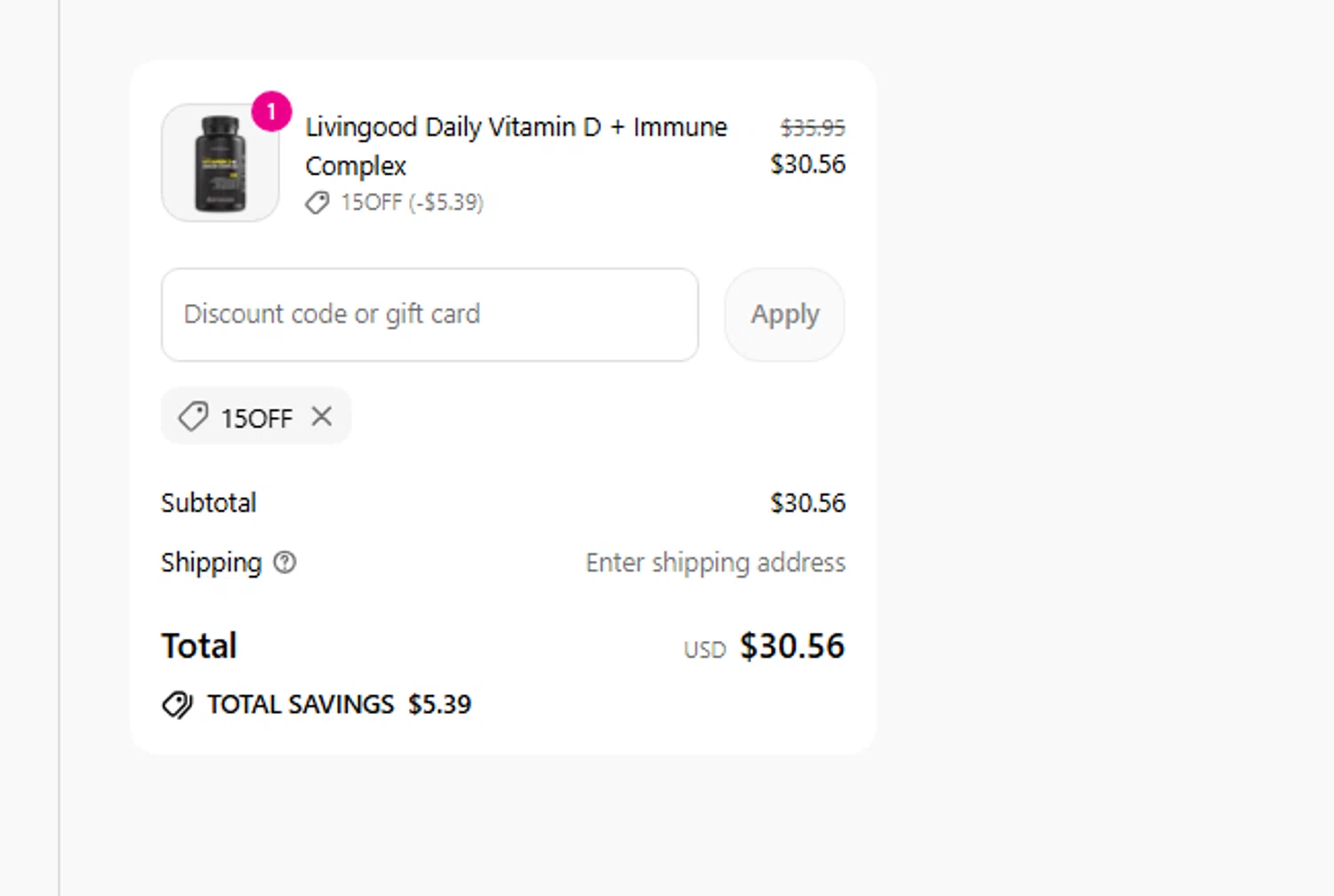 Livingood Daily discount code screenshot showing code 15OFF applied at Livingood Daily checkout page. Uploaded by SimplyCodes community member fjkdjkldsf on Sep 14, 2025