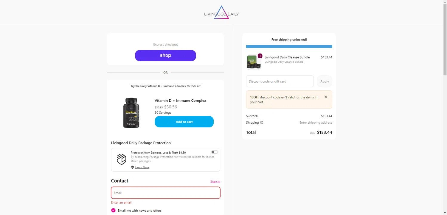 Livingood Daily checkout page showing Livingood Daily discount code box | Screenshot taken by SimplyCodes community member on Feb 12, 2026