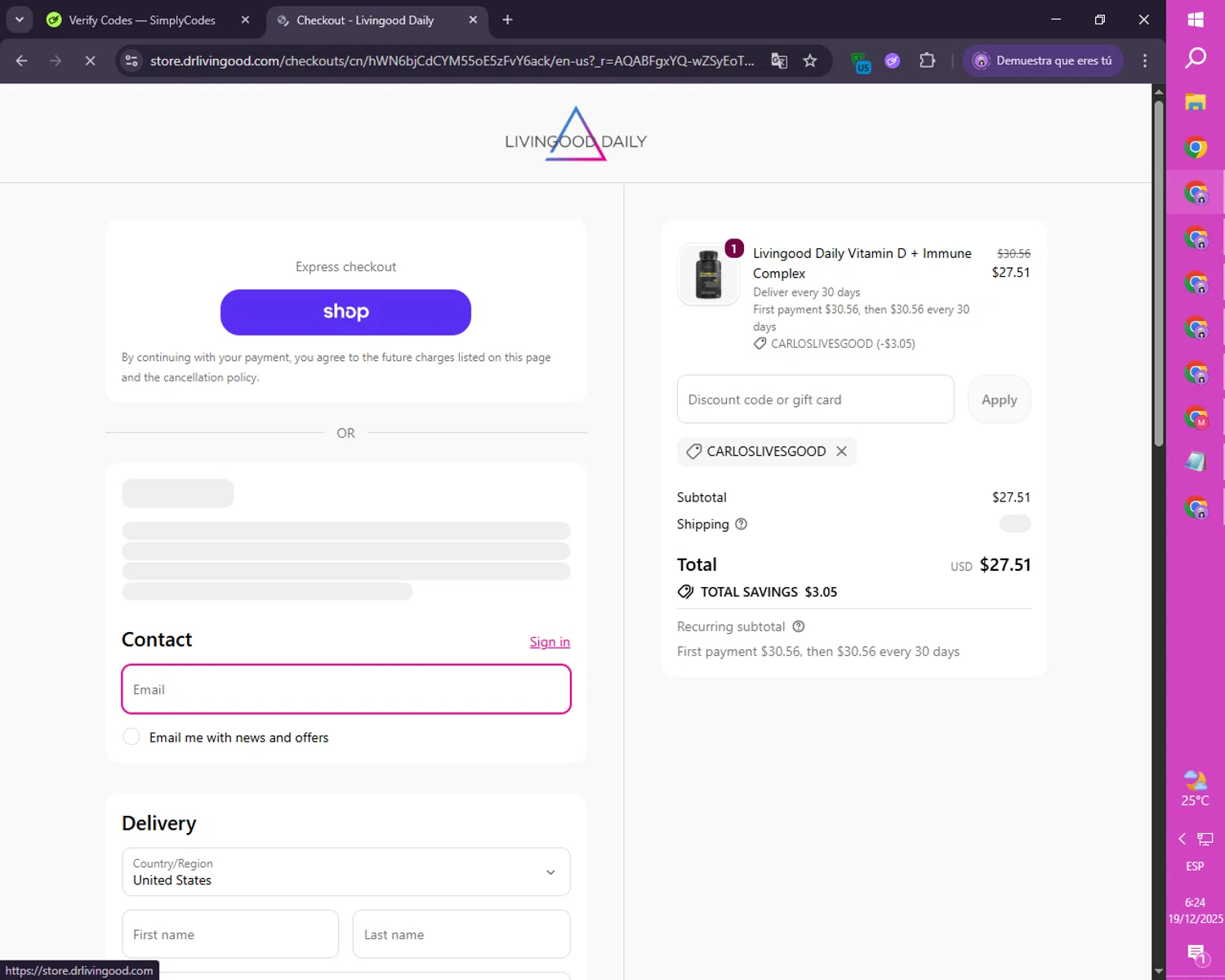 Livingood Daily discount code screenshot showing code CARLOSLIVESGOOD applied at Livingood Daily checkout page. Uploaded by SimplyCodes community member CoinRanger7926 on Dec 19, 2025