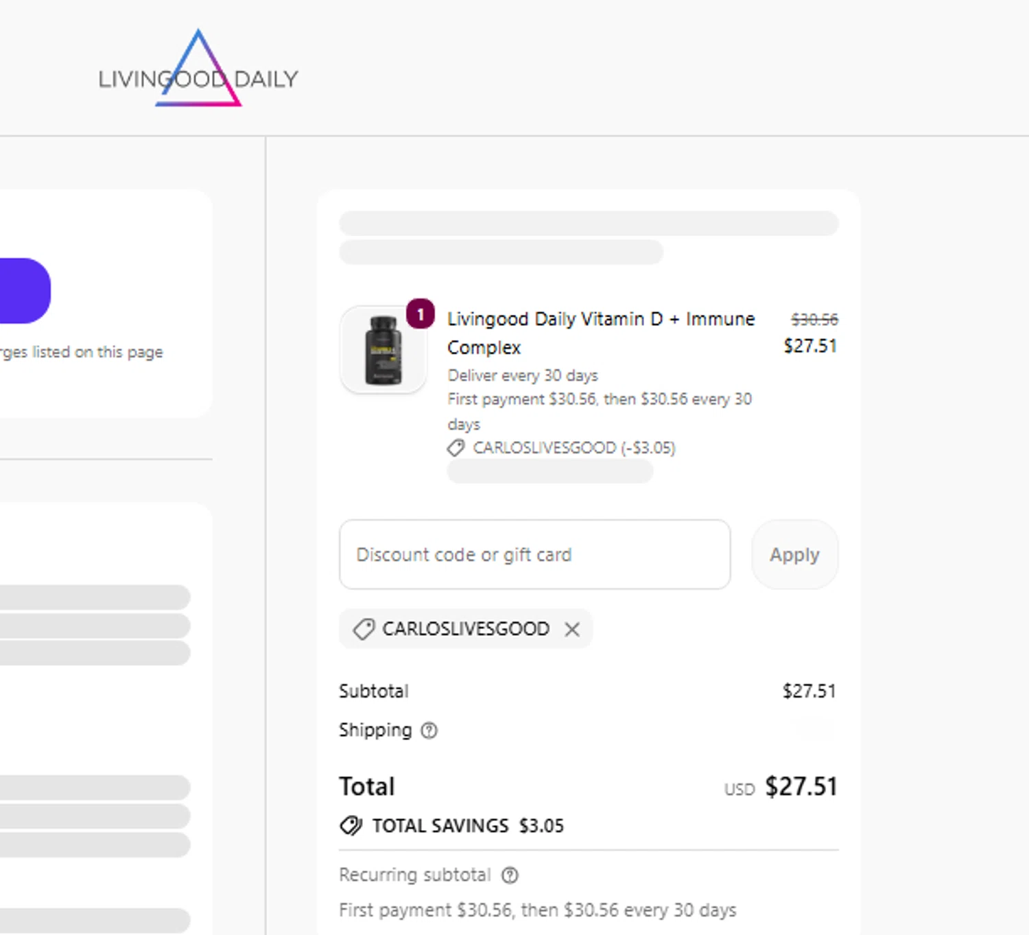 Livingood Daily discount code screenshot showing code CARLOSLIVESGOOD applied at Livingood Daily checkout page. Uploaded by SimplyCodes community member carlosrivero on Oct 16, 2025