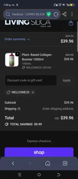 Living Silica coupon verification screenshot