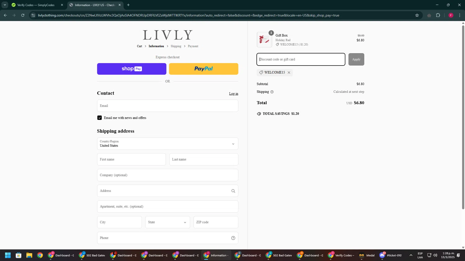 Livly Clothing discount code screenshot showing code WELCOME15 applied at Livly Clothing checkout page. Uploaded by SimplyCodes community member ExtraordinaryVirtuoso281 on Mar 13, 2025