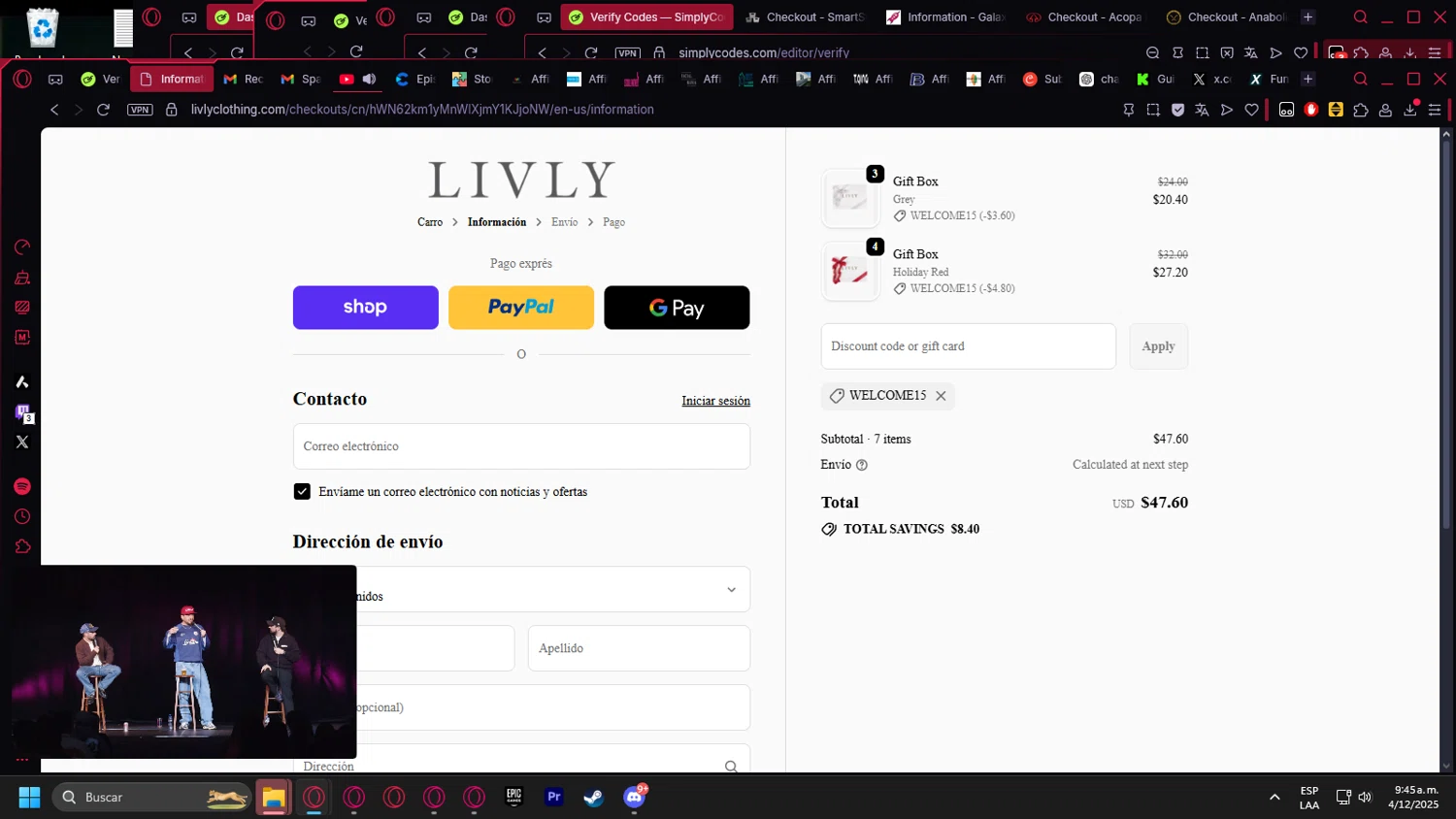 Livly Clothing discount code screenshot showing code WELCOME15 applied at Livly Clothing checkout page. Uploaded by SimplyCodes community member kurcovein on Dec 4, 2025