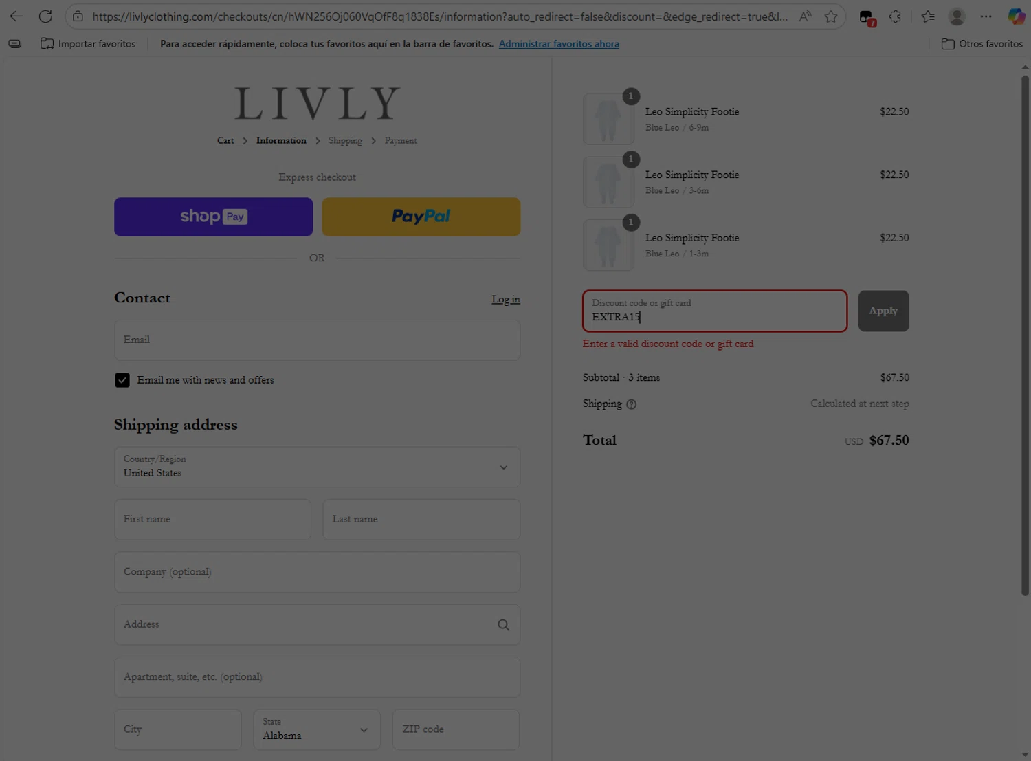 Livly Clothing discount code screenshot showing code EXTRA15 applied at Livly Clothing checkout page. Uploaded by SimplyCodes community member NobleLion9913 on Aug 22, 2025