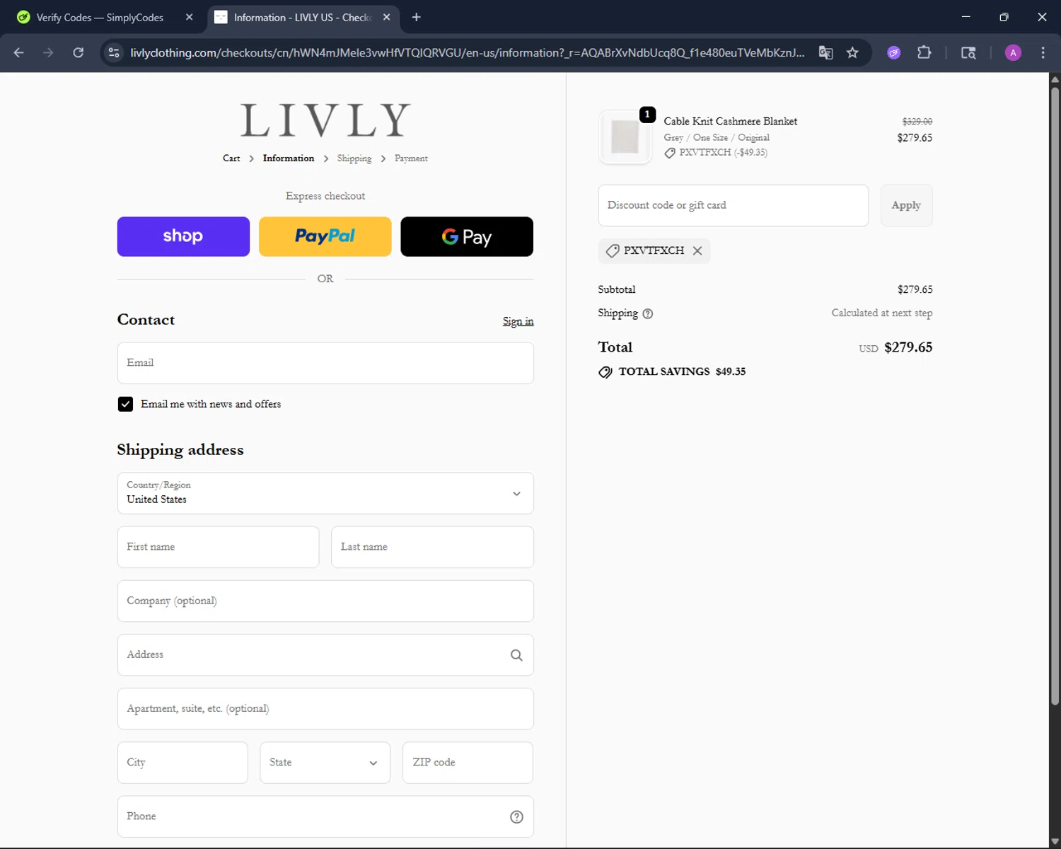 Livly Clothing discount code screenshot showing code PXVTFXCH applied at Livly Clothing checkout page. Uploaded by SimplyCodes community member AV2ACG on Nov 1, 2025