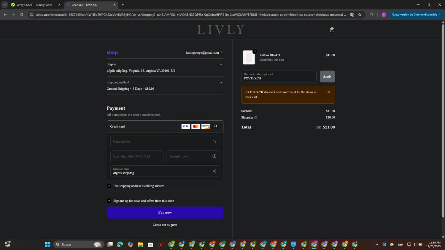 Livly Clothing discount code screenshot showing code PXVTFXCH applied at Livly Clothing checkout page. Uploaded by SimplyCodes community member EpicScout8515 on Nov 24, 2025