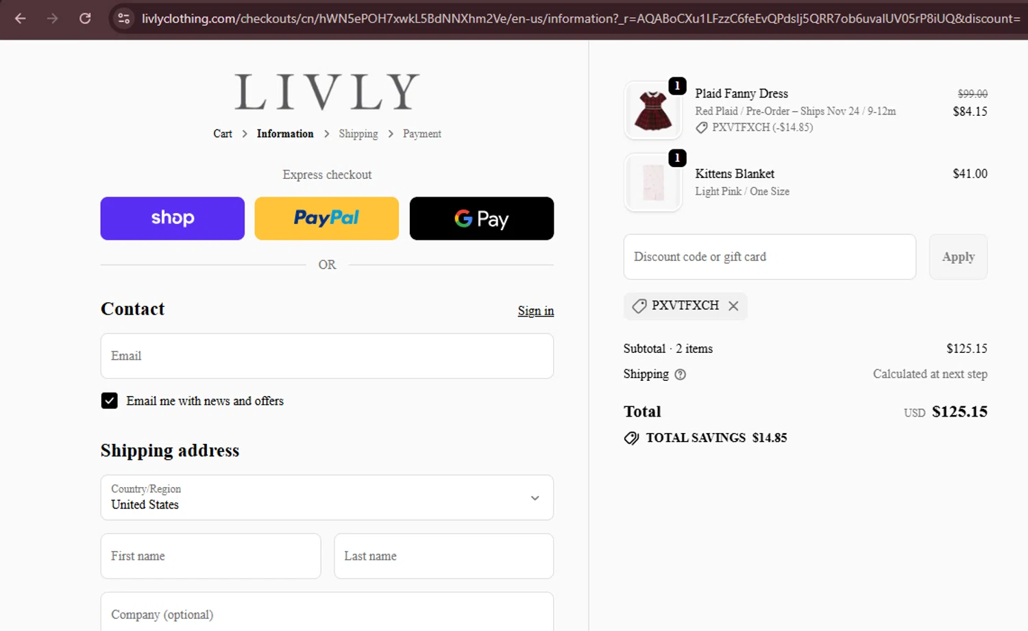Livly Clothing discount code screenshot showing code PXVTFXCH applied at Livly Clothing checkout page. Uploaded by SimplyCodes community member Teamgorila on Nov 24, 2025