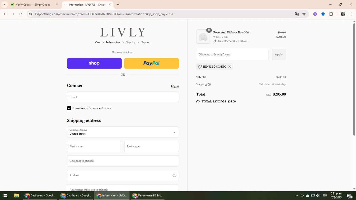 Livly Clothing discount code screenshot showing code EIN35BC4Q5SBC applied at Livly Clothing checkout page. Uploaded by SimplyCodes community member CleverLynx6871 on Sep 7, 2025