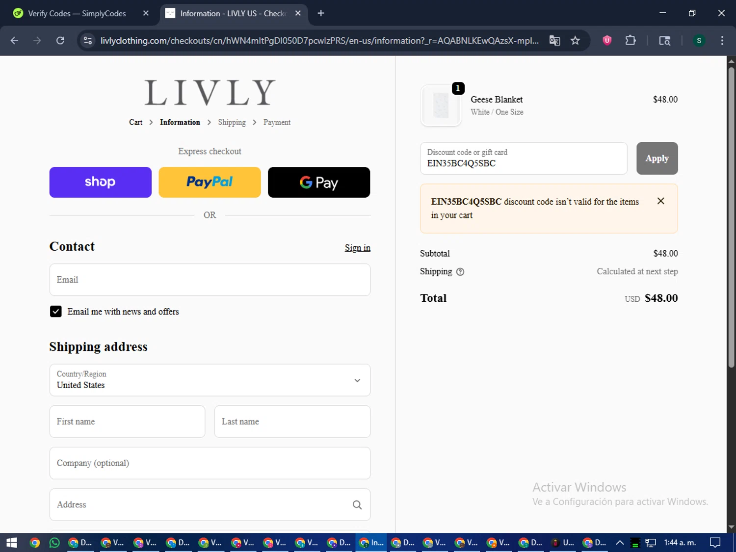 Livly Clothing discount code screenshot showing code EIN35BC4Q5SBC applied at Livly Clothing checkout page. Uploaded by SimplyCodes community member lilMosey on Nov 1, 2025