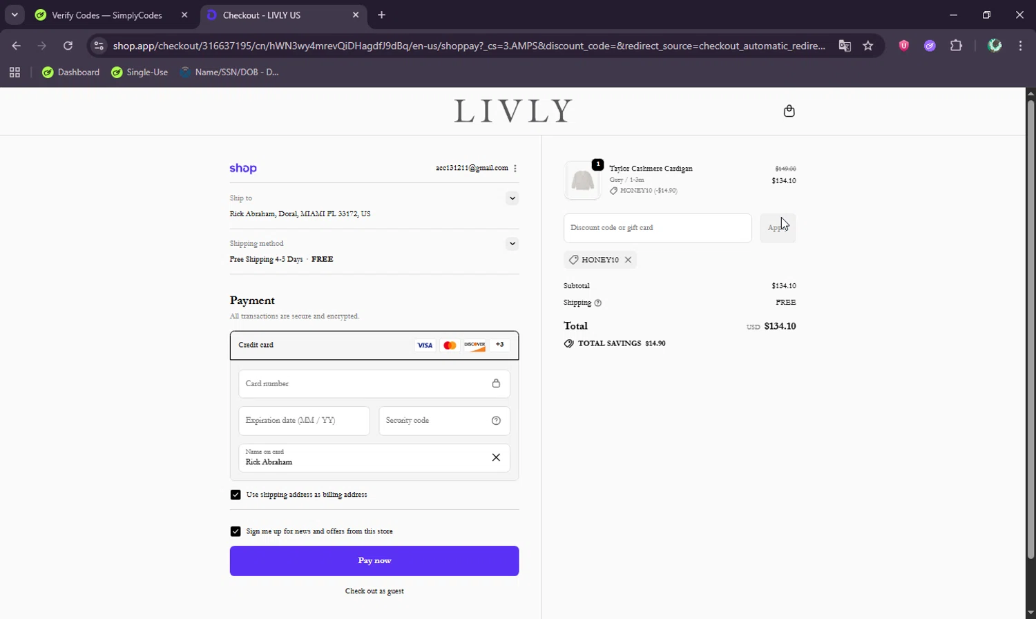 Livly Clothing discount code screenshot showing code HONEY10 applied at Livly Clothing checkout page. Uploaded by SimplyCodes community member BudgetWizard6950 on Oct 10, 2025