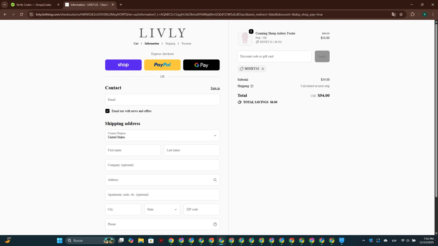 Livly Clothing discount code screenshot showing code HONEY10 applied at Livly Clothing checkout page. Uploaded by SimplyCodes community member ScanPioneer7706 on Nov 13, 2025
