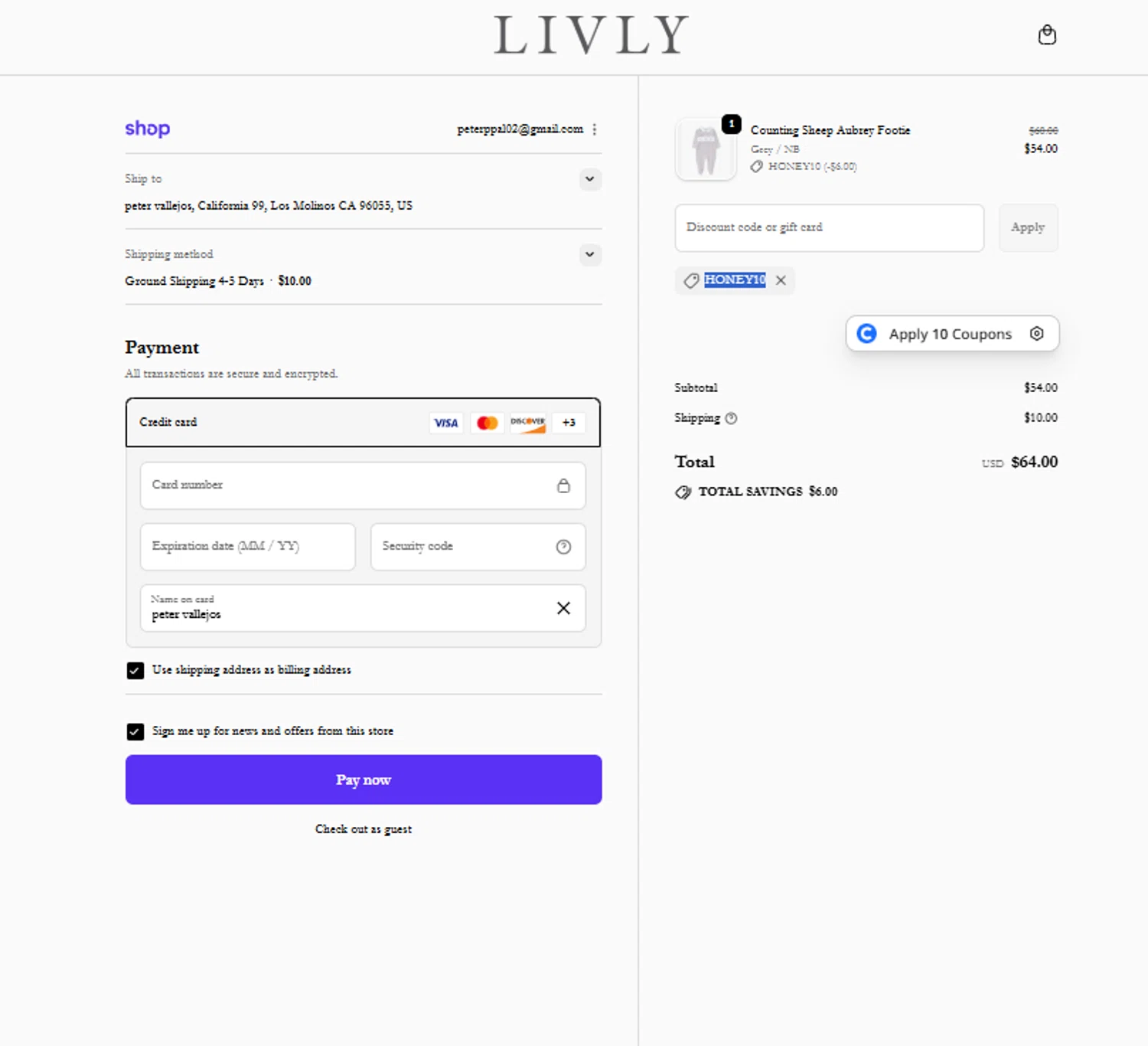 Livly Clothing discount code screenshot showing code HONEY10 applied at Livly Clothing checkout page. Uploaded by SimplyCodes community member ricardoramirez1 on Sep 27, 2025
